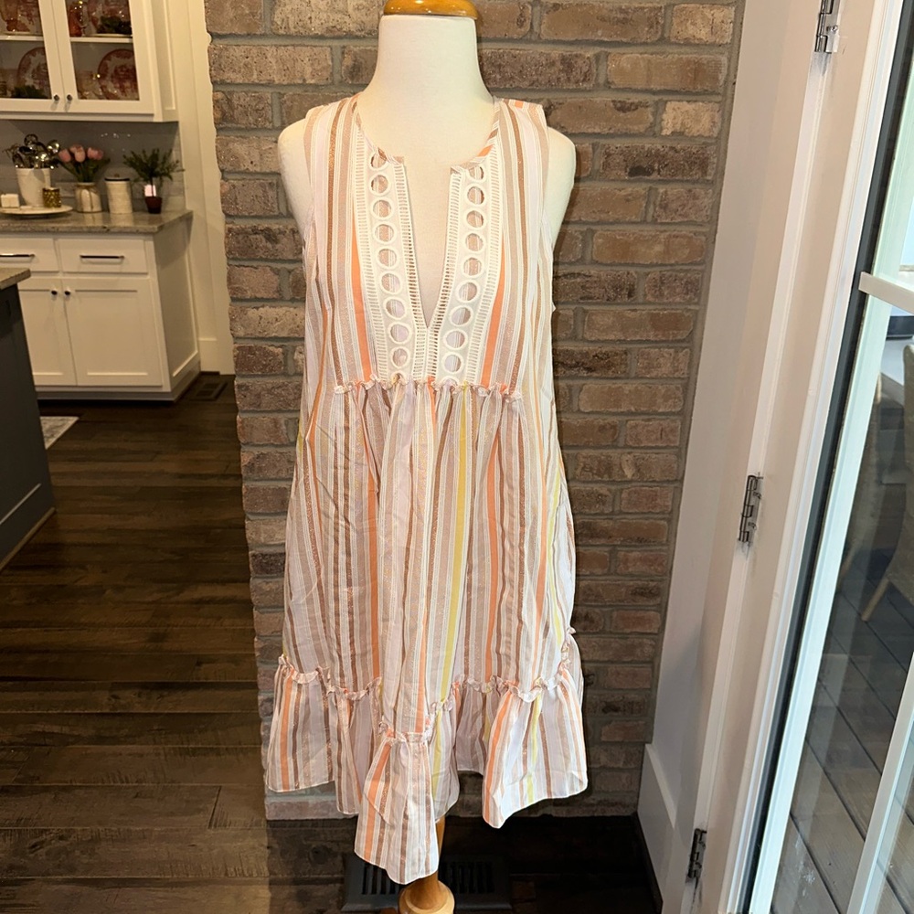 NWOT LemLem Popover Mini Dress Swim Cover Up Cream Copper Metallic Size Small
